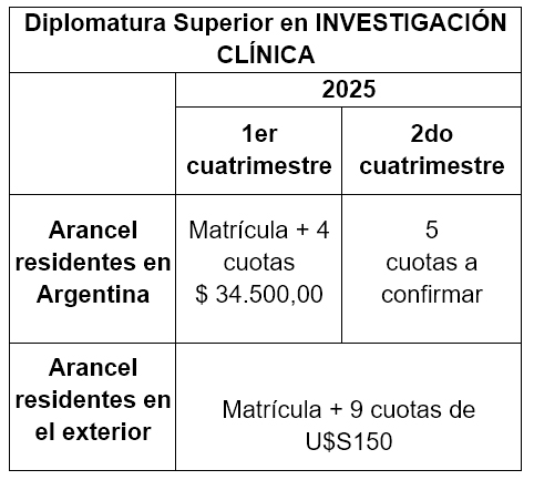 Aranceles Diplomatura Superior en Investigación Clínica